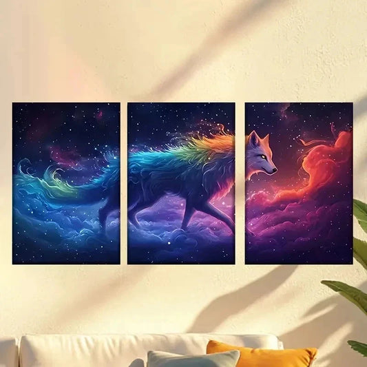 3pcs a wolf with a colorful mane in the sky Wall Art Set Canvas Framed 40x60cm - High Quality Print 100% Australian Made Wall Canvas Ready to Hang