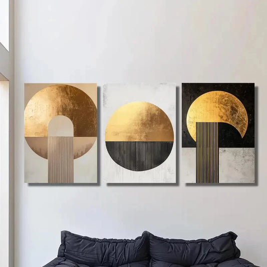 3pcs Golden and Copper Geometric Abstract Metal Print Ready to Hang Art