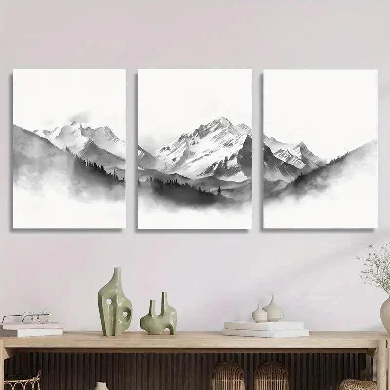3pcs Black and White Ink Painting, Metal Print Ready to Hang Art