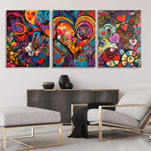 3pcs Colorful Heart Abstract Love Perfect Wall Art Set Canvas Unframed - High Quality Print 100% Australian Made Wall Canvas - Bella Home Decor