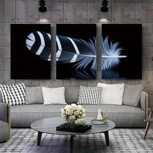 3pcs Black & White Feather Design Wall Art Set Canvas Unframed - High Quality Print 100% Australian Made Wall Canvas - Bella Home Decor