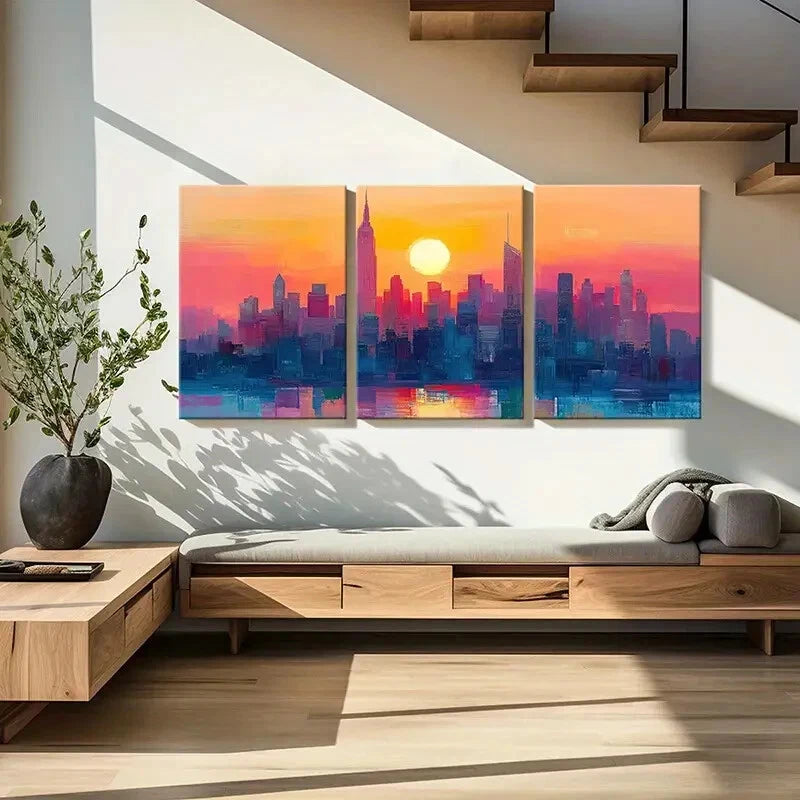 3pcs Cityscape Art Sunset Glow Urban Skyline Metal Print Ready to Hang Art - Bella Home Decor
