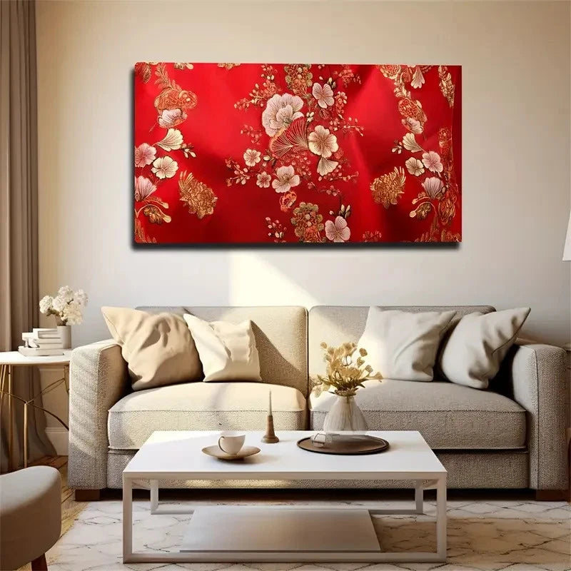 Elegant Red Floral Wall Art Canvas Office Home Room Framed 120x60cm
