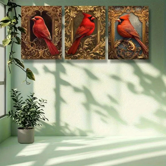 3pcs Red bird . Art Painting Royal Look Metal Print Ready to Hang Art