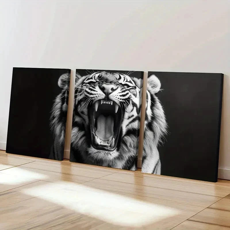 3pcs Black And White Modern Art Tiger Painting  Wall Art Set Canvas Framed 50x70cm - High Quality Print 100% Australian Made Wall Canvas Ready to Hang - Bella Home Decor