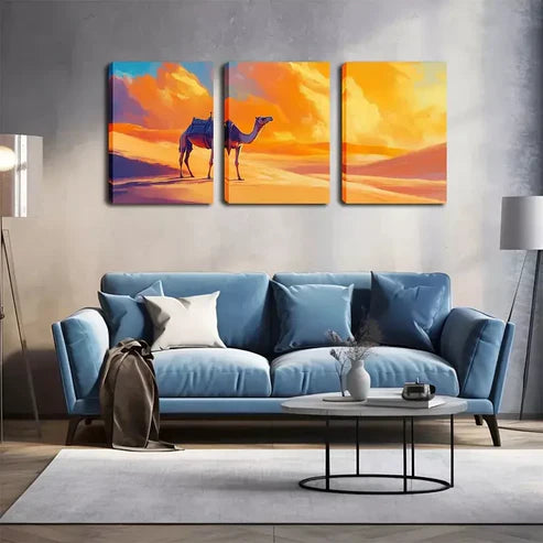 3pcs Vibrant Desert Camel Triptych Wall Art Canvas Unframed - High Quality Print 100% Australian Made Wall Canvas