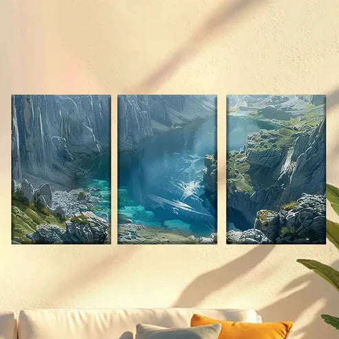 3pcs Deep Green Lake Canyon Wall Art Set Canvas Unframed – High Quality Print 100% Australian Made Wall Canvas - Bella Home Decor