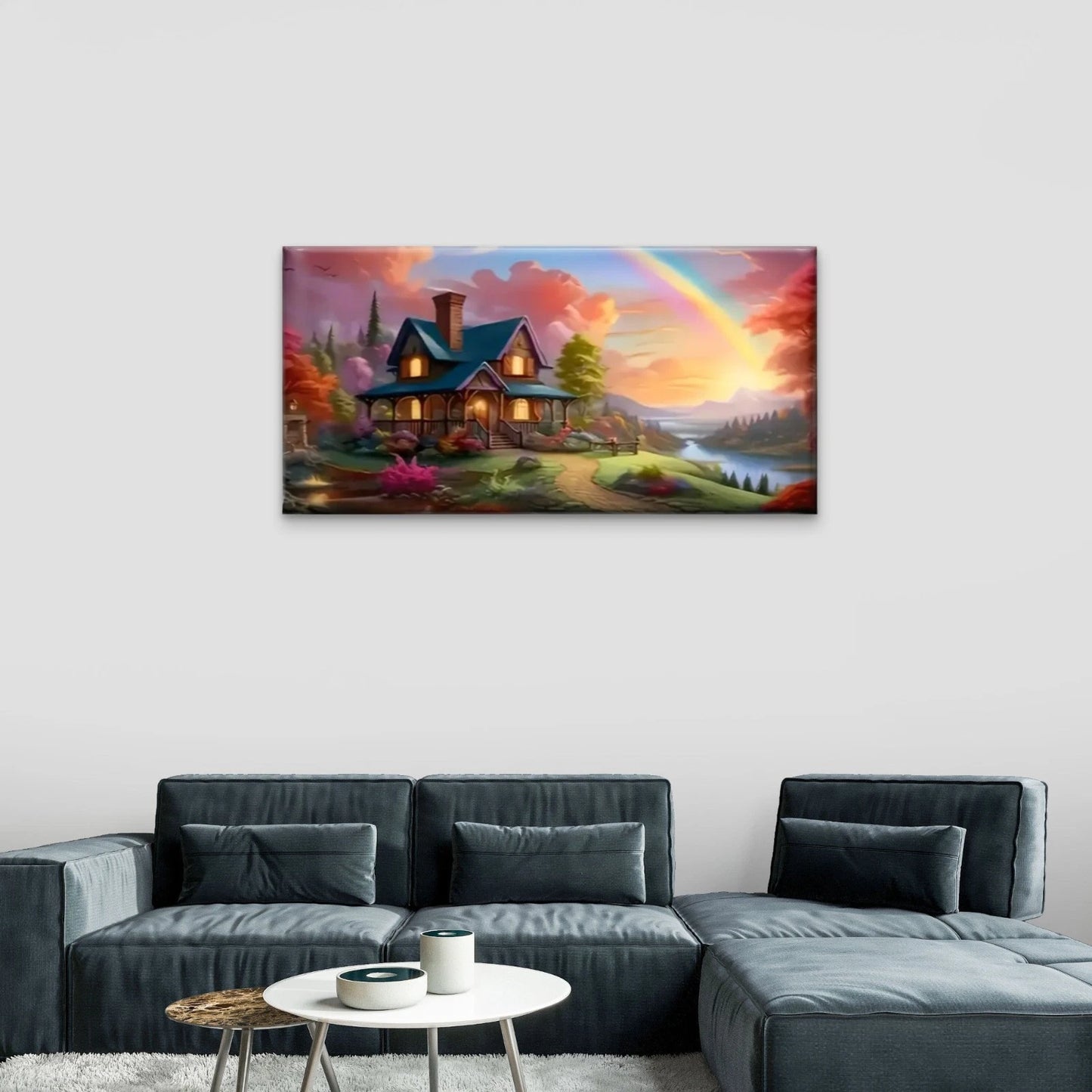 House Woods Rainbow Wall Art Canvas Office Home Room Framed 120x60cm