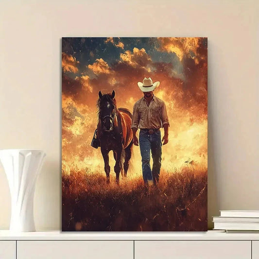 Rustic Cowboy and Horse Vibrant Sunset Scene 40x60cm Metal Print Ready to Hang