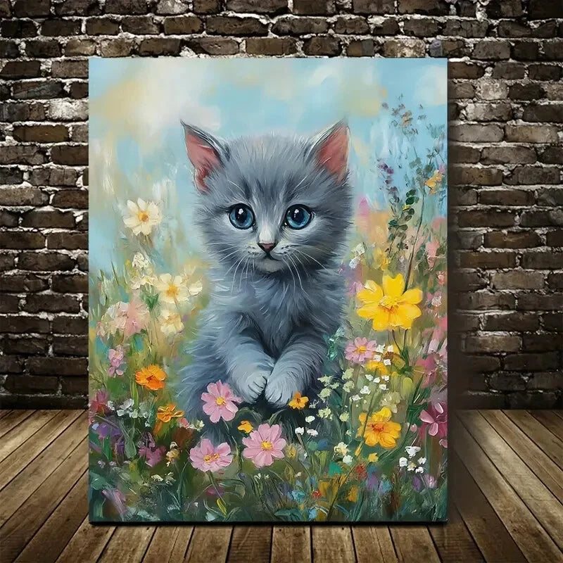 Adorable Russian Blue Kitten with Flowers Painting 40x60cm Metal Print Ready to Hang - Bella Home Decor