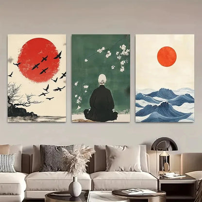 3pcs Minimalist Japanese Style Meditation Red Sun Metal Print Ready to Hang Art - Bella Home Decor