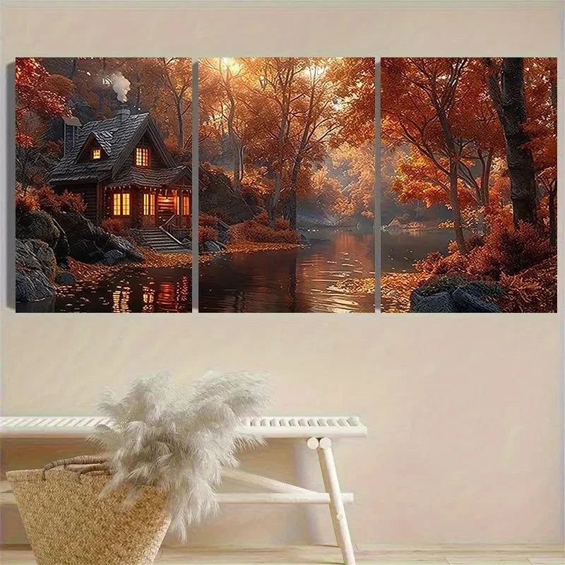 3pcs Autumn Cabin by the Lake Wall Art Set Canvas Framed 50x70cm - High Quality Print 100% Australian Made Wall Canvas Ready to Hang - Bella Home Decor