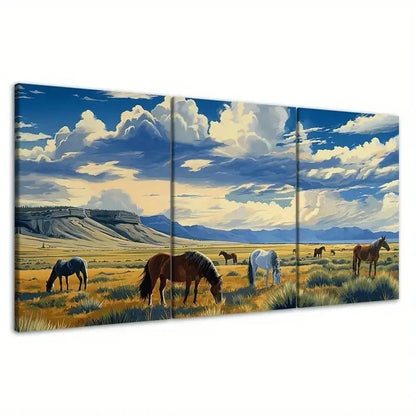 3pcs Horses Grazing Open Field Nature Wall Art Set Canvas Framed 40x60cm - High Quality Print 100% Australian Made Wall Canvas Ready to Hang