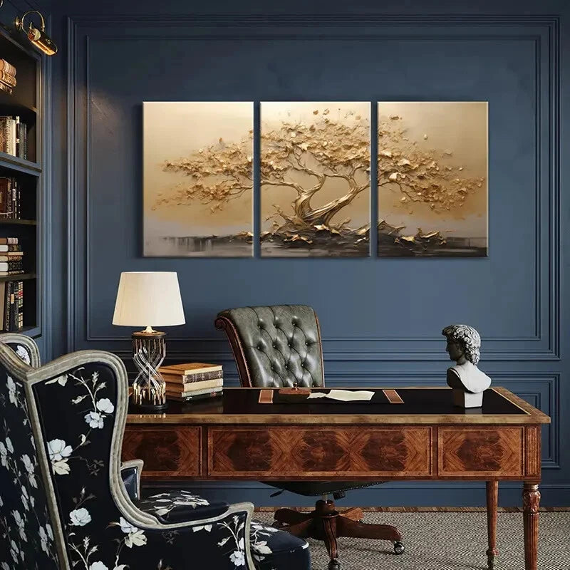 3pcs Golden Tree Abstract Art Nature Scene Metal Print Ready to Hang Art - Bella Home Decor