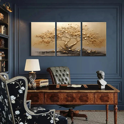 3pcs Golden Tree Abstract Art Nature Scene Metal Print Ready to Hang Art - Bella Home Decor
