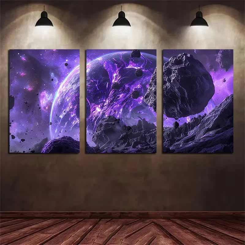 3pcs Alien Planet And Asteroid Belt Metal Print Ready to Hang Art