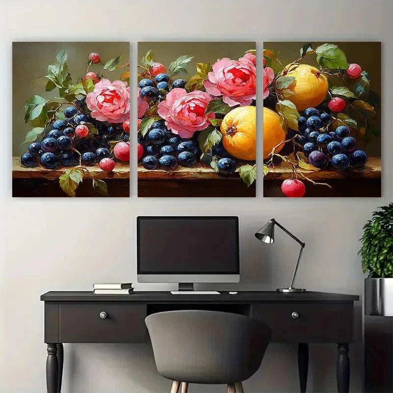 3pcs Floral Bouquet Fruit Illustration Metal Print Ready to Hang Art - Bella Home Decor