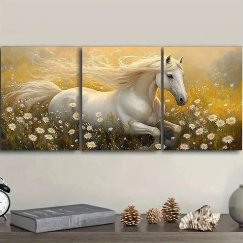 3pcs White Horse Running in Meadow Wall Art Canvas Unframed - High Quality Print 100% Australian Made Wall Canvas