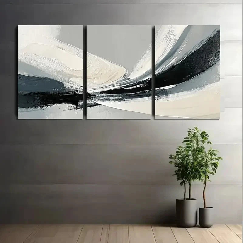 3pcs Abstract Black Gray and White Brushstroke Metal Print Ready to Hang Ar - Bella Home Decor