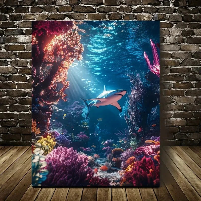 Colorful Coral Reef Scene with Cine Lighting Painting 40x60cm Metal Print Ready to Hang - Bella Home Decor
