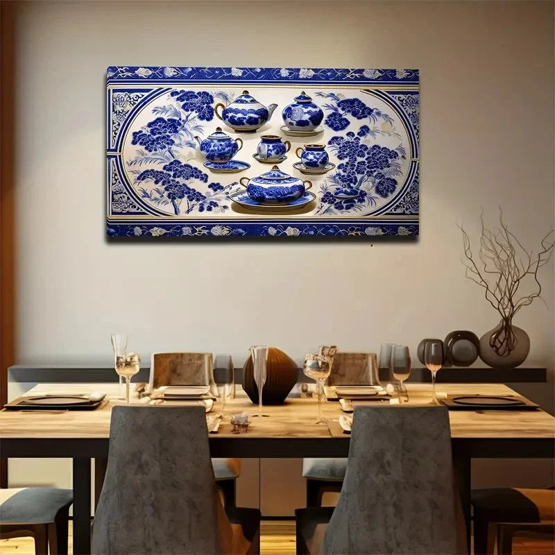 Chinese Blue And White Wall Art Canvas Office Home Room Framed 120x60cm