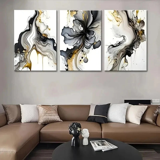 3pcs Grey and Golden Abstract Marble Fluid Metal Print Ready to Hang Art