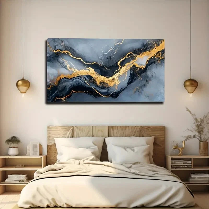 Golden & Black Swirls Modern Wall Art Canvas Office Home Room Framed 120x60cm