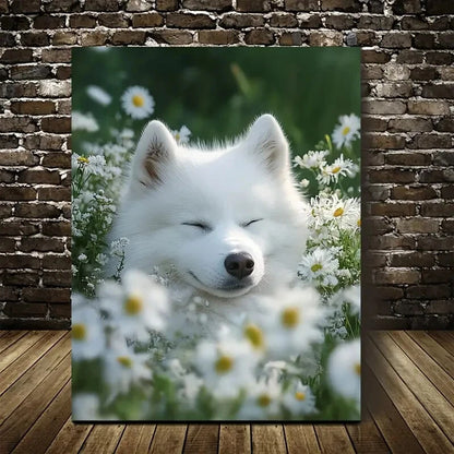Beautiful Samoyed Dog Among Flowers And Plants 40x60cm Metal Print Ready to Hang