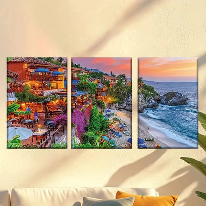 3pcs Sunset Beach Scene with Tropical Bar & Ocean Wall Art Set Canvas Framed 50x70cm - High Quality Print 100% Australian Made Wall Canvas Ready to Hang