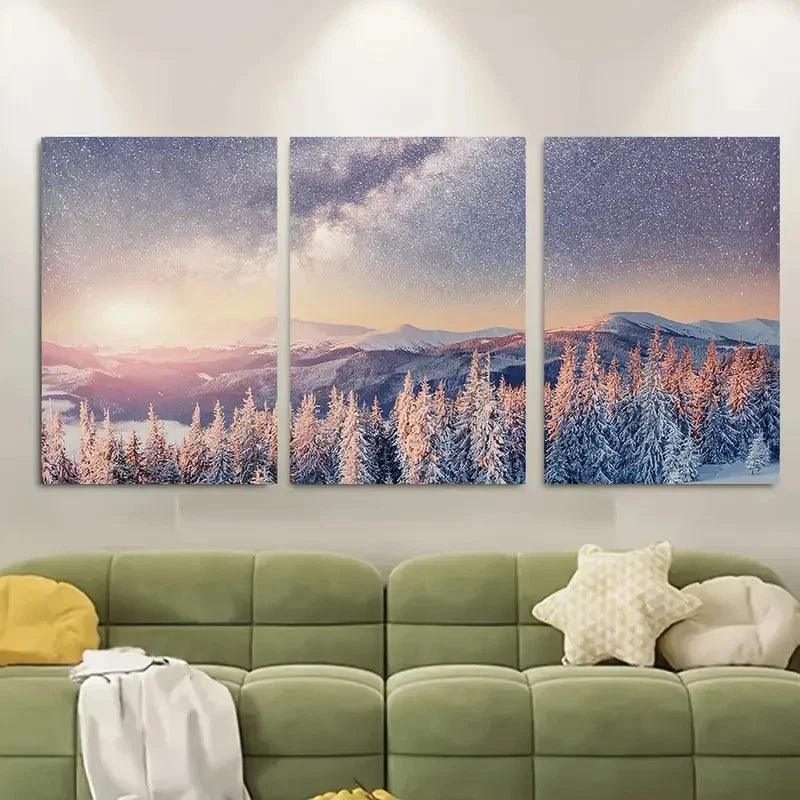 3pcs Snowy Trees Art Starry Night Winter Metal Print Ready to Hang Art