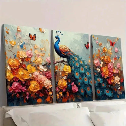 3pcs Colorful Pea Rooster Flowers & Butterflies Wall Art Canvas Unframed - High Quality Print 100% Australian Made Wall Canvas - Bella Home Decor