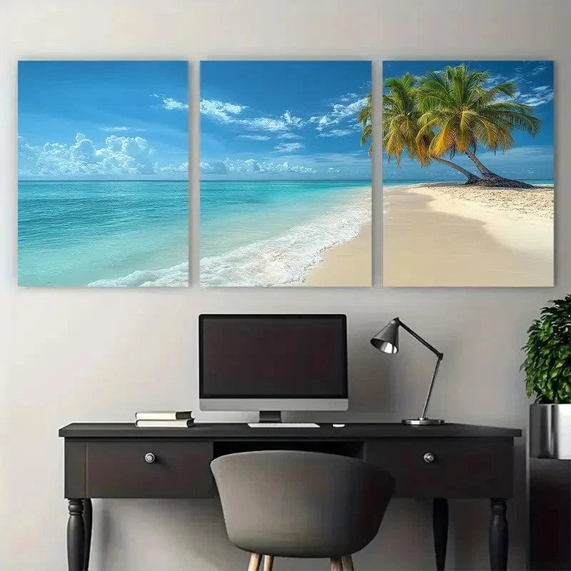 3pcs Exotic Tropical Beach Paradise Palm Tree Wall Art Set Canvas Framed 50x70cm - High Quality Print 100% Australian Made Wall Canvas Ready to Hang