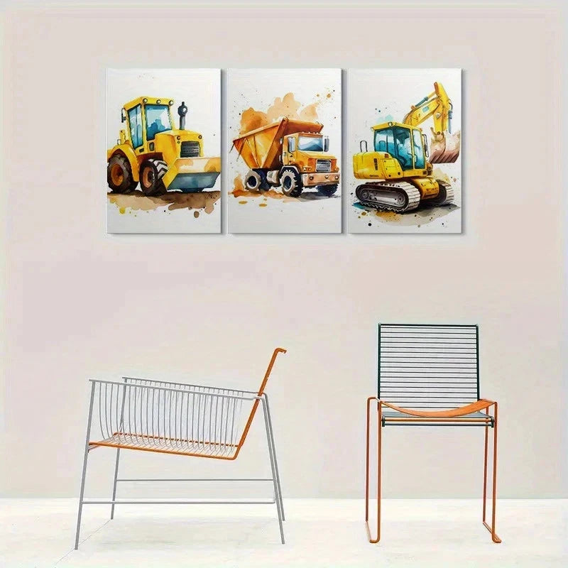 3pcs Construction Vehicles Watercolor Metal Print Ready to Hang Art - Bella Home Decor
