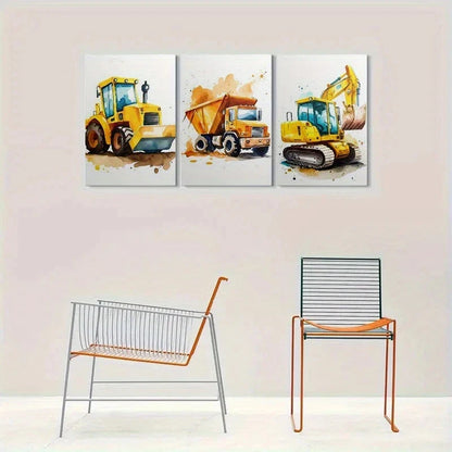 3pcs Construction Vehicles Watercolor Metal Print Ready to Hang Art - Bella Home Decor