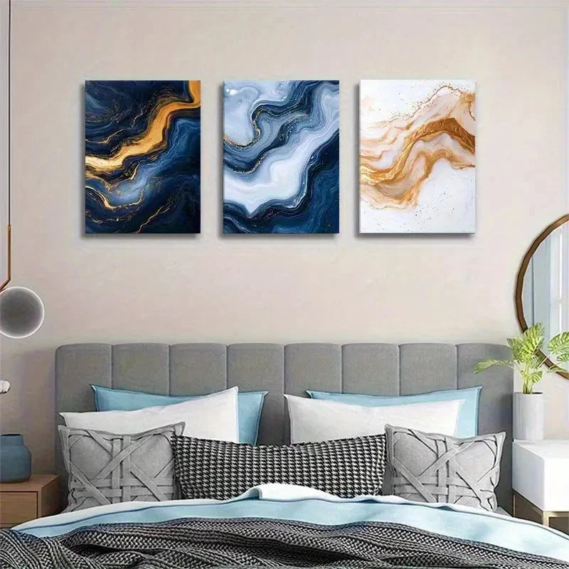 3pcs Abstract Golden and Blue Marble Paintings Metal Print Ready to Hang Art - Bella Home Decor