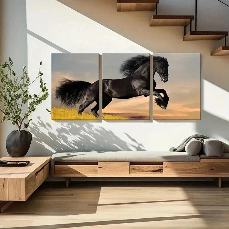 3pcs Black Horse Galloping Across a Grassy Field Wall Art Set Canvas Framed 50x70cm - High Quality Print 100% Australian Made Wall Canvas Ready to Hang - Bella Home Decor