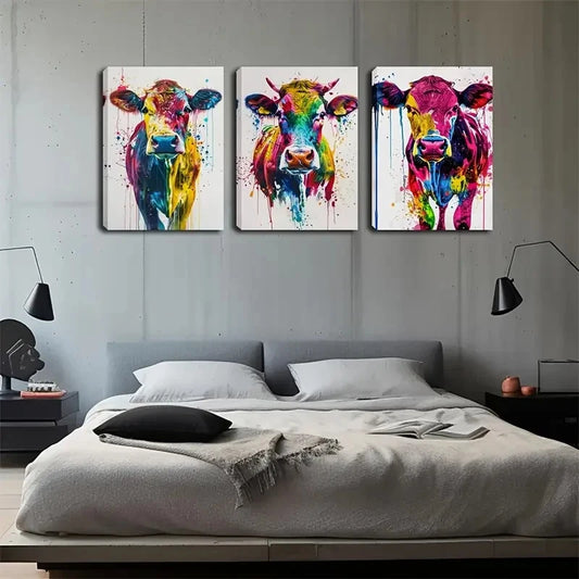 3pcs Abstract painting style colorful cow Wall Art Set Canvas Framed 60x90cm - High Quality Print 100% Australian Made Wall Canvas Ready to Hang