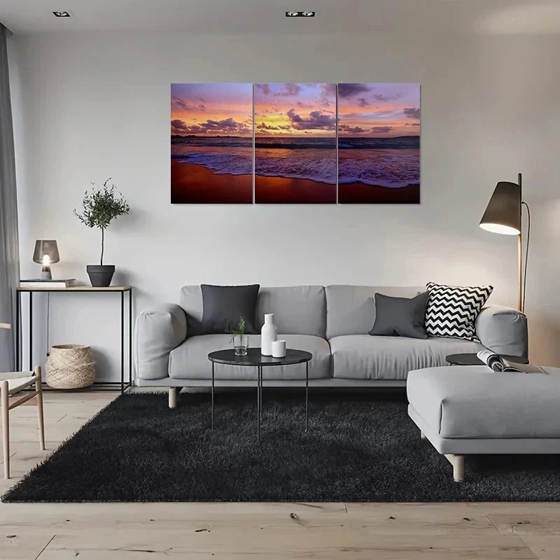 3pcs Sunset Beach Scene Ocean Waves & Sky Metal Print Ready to Hang Art - Bella Home Decor