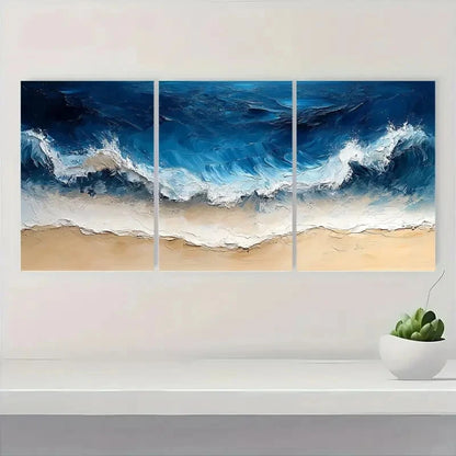 3pcs Abstract Blue Ocean Wave Beach Oil Painting Metal Print Ready to Hang Art - Bella Home Decor