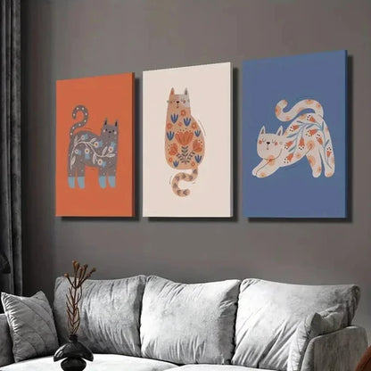 3pcs Cute Cartoon Nordic Niche Cats Wall Art Set Canvas Unframed - High Quality Print 100% Australian Made Wall Canvas - Bella Home Decor