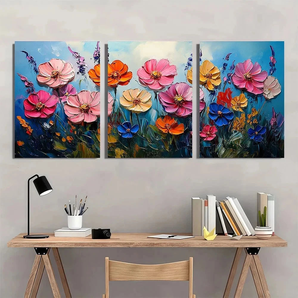 3pcs Modern Abstract Meadow Wildflowers Wall Art Set Canvas Framed 60x90cm - High Quality Print 100% Australian Made Wall Canvas Ready to Hang