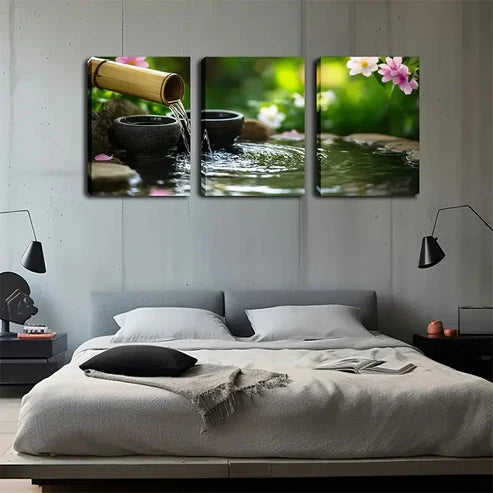 3pcs bamboo flow blooming flowers next to water Wall Art Canvas Unframed - High Quality Print 100% Australian Made Wall Canvas