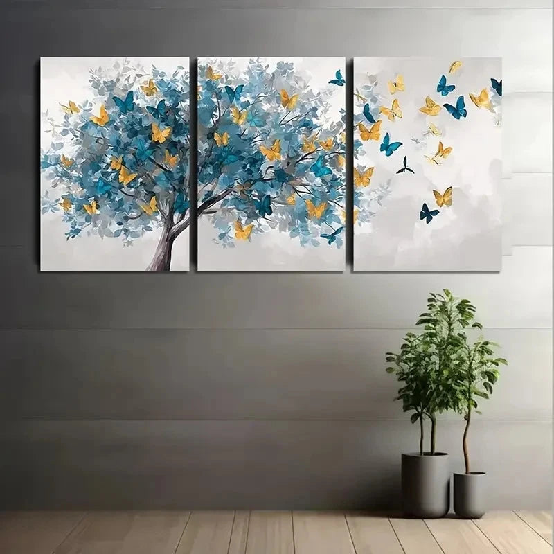 3pcs Abstract Art Depicting a Tree of Butterflies Metal Print Ready to Hang Art - Bella Home Decor