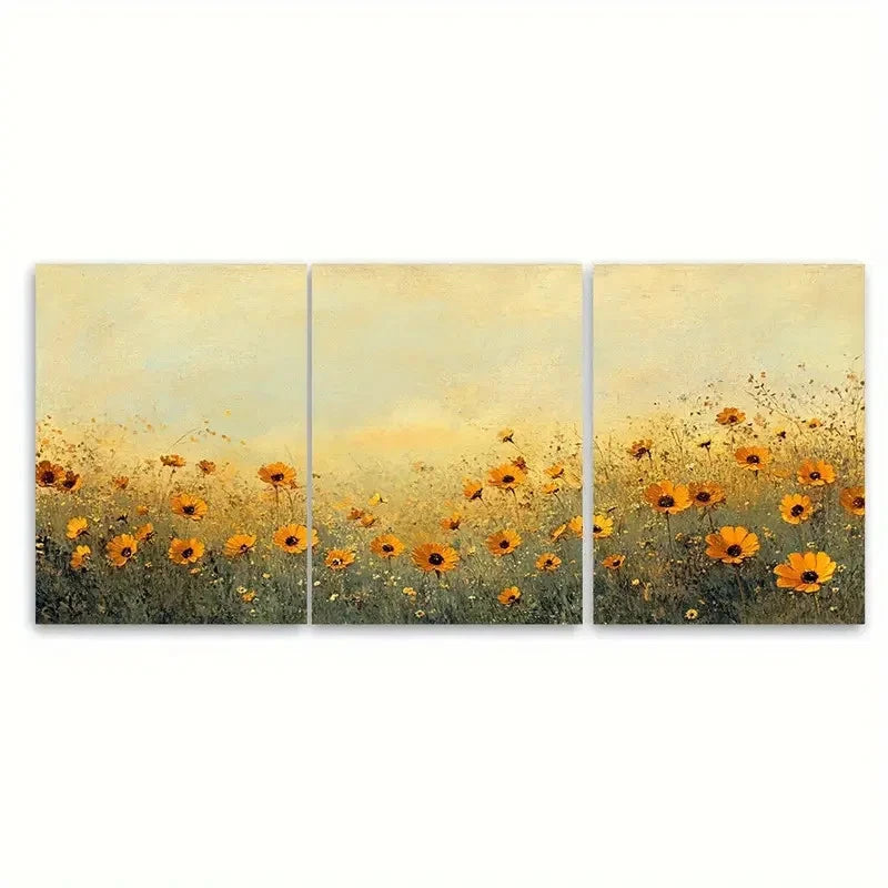 3pcs Field of Golden Vintage Wildflower Field Wall Art Set Canvas Framed 50x70cm - High Quality Print 100% Australian Made Wall Canvas Ready to Hang