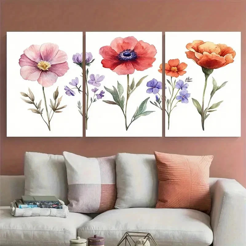 3pcs Birth Flower Family Bouquet Nature inspired Metal Print Ready to Hang Art - Bella Home Decor