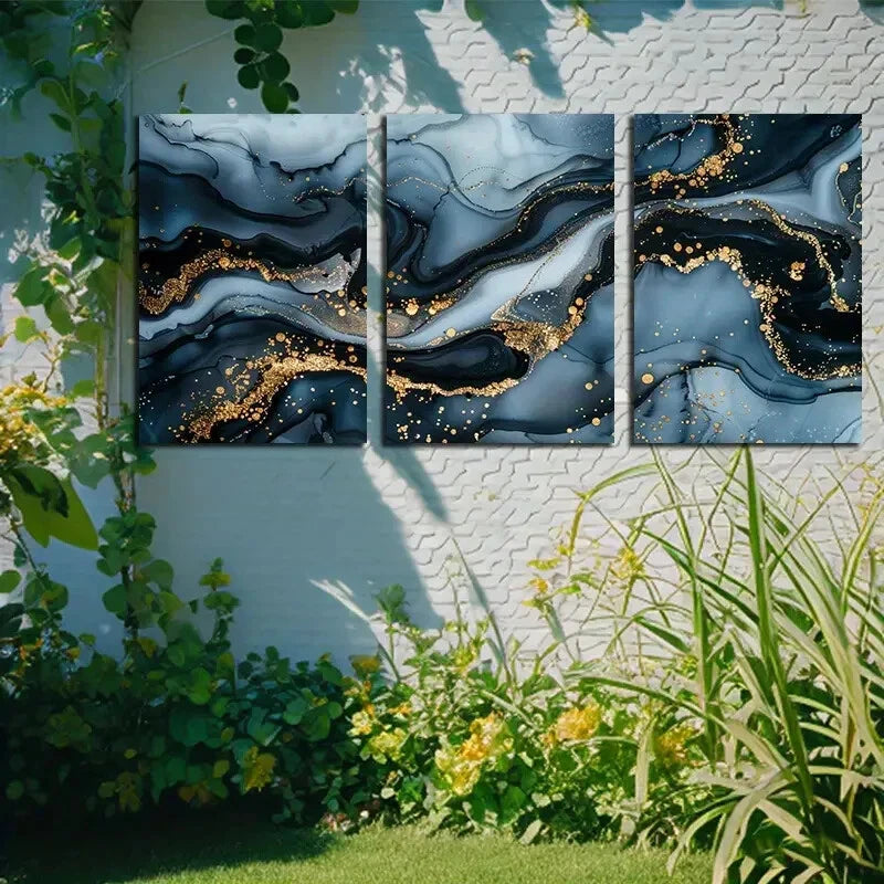 3pcs Elegant Wave Abstract with Gold Accent Design Metal Print Ready to Hang Art - Bella Home Decor