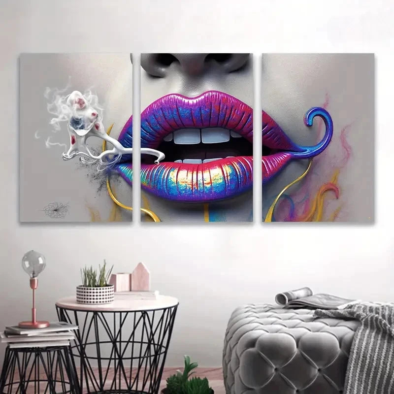 3pcs Vibrant Abstract Lip Art Wall Art Set Canvas Framed 50x70cm - High Quality Print 100% Australian Made Wall Canvas Ready to Hang