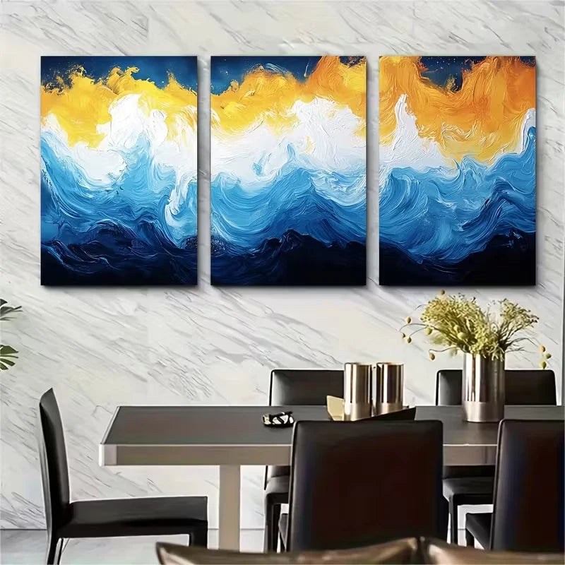 3pcs Abstract Blue Yellow White Metal Print Ready to Hang Art - Bella Home Decor