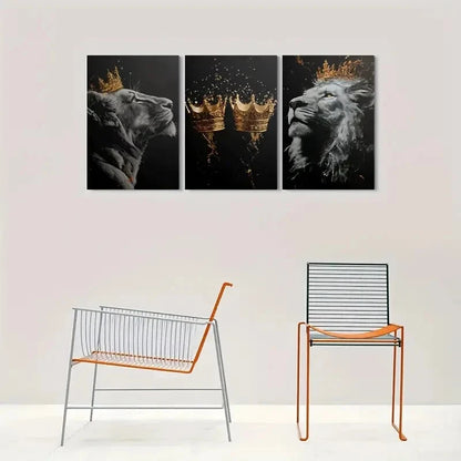 3pcs Modern Black & Golden Lion Crown Accent Metal Print Ready to Hang Art - Bella Home Decor