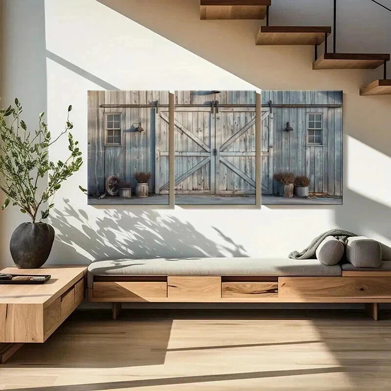 3pcs Rustic Barn Door Design Vintage Farmhouse Wall Art Set Canvas Framed 60x90cm - High Quality Print 100% Australian Made Wall Canvas Ready to Hang - Bella Home Decor